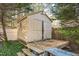 A backyard shed nestled among mature trees, perfect for storage or hobbies at 3012 Optimist Farm Rd, Apex, NC 27539
