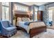Relaxing primary bedroom with a patterned rug, windows for lots of light, and blue armchair at 3227 Morrow Farm Ln, Chapel Hill, NC 27516