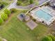 Aerial view featuring a community pool, playground, and green spaces perfect for recreation at 832 Mountain Vista Ln, Cary, NC 27519