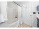 Clean and bright bathroom featuring a shower/tub combo and neutral finishes at 992 Ambergate, Apex, NC 27502