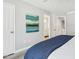 Bright bedroom featuring fresh paint, blue accent, and door to bathroom at 100 Hunting Chase # 1-B, Cary, NC 27513