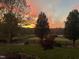 Scenic backyard with lush green grass, mature trees, and beautiful pink and orange sunset sky at 3417 Pea Ridge Rd, New Hill, NC 27562