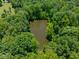 Aerial view of a serene pond surrounded by dense trees, offering privacy and natural beauty at 4811 New Sharon Church Rd, Hillsborough, NC 27278