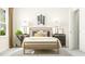 Bright bedroom featuring a bed, side tables with lamps, geometric art, and a plush rug at 5640 Cayden Cove Dr, Wendell, NC 27591