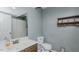 Bathroom with vanity and shower/tub combo with patterned shower curtain at 6089 Joe Trail Ct, Mebane, NC 27302