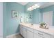 Stylish bathroom featuring a white vanity with ample storage, large mirror, and light-blue walls at 1024 Jensen Grove Ct, Fuquay Varina, NC 27526