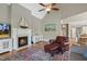 Comfortable living room with fireplace, hardwood floors, vaulted ceiling, and stylish decor at 1024 Jensen Grove Ct, Fuquay Varina, NC 27526
