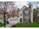 Charming two-story home with brick accents, blue shutters, manicured lawn and a two car garage at 117 Talley Ridge Dr, Holly Springs, NC 27540