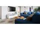 Cozy living room with blue sofa, modern decor, and ample natural light creating an inviting atmosphere at 1244 Hardin Hill Ln, Knightdale, NC 27545
