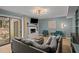 Relaxing living room featuring gray sofa, fireplace, tv, and outdoor access at 3080 Colony Rd # A, Durham, NC 27705