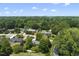 An aerial view of a neighborhood full of mature trees with the city skyline in the distance at 401 Fletcher Dr, Raleigh, NC 27603