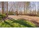 Backyard playground with swing set and slide surrounded by mature trees at 921 Alden Bridge Dr, Cary, NC 27519