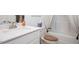 Cozy bathroom with a combination shower and tub, plus a vanity with a modern sink at 1206 Linkwood Way, Fuquay Varina, NC 27526