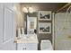 Elegant bathroom with a white vanity, framed art, shower, and neutral wall color creating a sophisticated space at 12101 Lockhart Ln, Raleigh, NC 27614