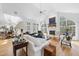 Spacious living room with a fireplace, hardwood floors, and wall of windows with natural light at 12101 Lockhart Ln, Raleigh, NC 27614