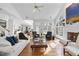 Open-concept living room with high ceilings, fireplace, hardwood floors and a wall of windows at 12101 Lockhart Ln, Raleigh, NC 27614