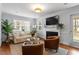 Bright living room boasting hardwood floors, a fireplace, and a cozy seating arrangement at 1432 Banbury Rd, Raleigh, NC 27607