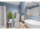 Stylish bathroom features a vessel sink, gold accents, standing mirror and blue paneled walls at 1603 N Alston Ave, Durham, NC 27701