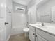 A modern bathroom with a shower-tub combination and a single vanity, offering a clean and functional space at 2012 Castana Ct, Willow Springs, NC 27592