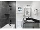 Modern bathroom featuring black marble style tiling and a black faucet at 208 Martin Luther King Jr Blvd, Raleigh, NC 27601