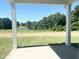 Covered back porch overlooking a lush green lawn and scenic lake view at 245 Golfview Ave, Benson, NC 27504