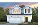 Two-story home with white siding, a brown roof, a two-car garage and a professionally landscaped yard at 2915 Huxley Way, Apex, NC 27502