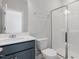 Contemporary bathroom with a walk-in shower, vanity with modern fixtures, and a convenient toilet at 1917 Fishamble St, Fuquay Varina, NC 27526