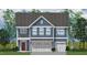 Charming blue two-story home with a two-car garage and a small balcony is surrounded by lush trees at 247 Augusta Pond Way # 164, Raleigh, NC 27603