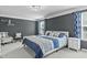 Comfortable bedroom with blue accents, carpeted floors, and abundant natural light at 2801 Landon Ridge Dr, New Hill, NC 27562