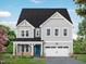 Two-story home with light gray siding, a front-facing garage, a blue front door, and professionally landscaped front yard at 4825 Bristol Meadow Dr, Raleigh, NC 27603