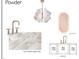 Rendering of powder room finishes, including Taj Mahal Quartzite, floating vanity, and light fixture at 5808 Norwood Ridge Dr, Raleigh, NC 27614