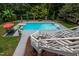 Aerial view of a backyard pool with surrounding patio and lush landscaping and staircase at 12012 Six Forks Rd, Raleigh, NC 27614