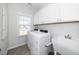 A functional laundry room with modern appliances, storage cabinets, and a utility sink at 1516 Barn Door Dr, Apex, NC 27502