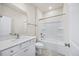 Clean bathroom featuring tub, shower, single sink, and white cabinets at 212 Thunder Forest Ln, Wendell, NC 27591