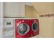 Updated laundry room featuring modern red washer and dryer at 405 Silver Creek Trl, Chapel Hill, NC 27514
