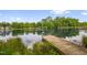 Scenic pond with wooden pier extending into water, backed by a lush green treeline reflecting in the calm water at 605 Wyndham Dr, Fuquay Varina, NC 27526