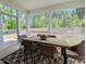 Inviting screened porch with a dining table set for six and scenic views of the surrounding greenery at 724 Red Arrow Dr, Knightdale, NC 27545