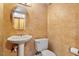 Powder room with a pedestal sink, toilet, and decorative walls at 7820 Falcon Rest Cir, Raleigh, NC 27615