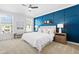 Bright primary bedroom with large windows and a blue accent wall at 10210 Sablewood Drive # 112, Raleigh, NC 27617