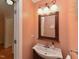 Cozy bathroom with wood vanity, decorative mirror, and peach-toned walls at 114 Twin Springs Ln, Angier, NC 27501