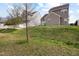 View of a backyard with a sloped lawn and a small tree, capturing a serene outdoor space at 1945 Red Quartz Dr, Raleigh, NC 27610