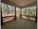 A covered back porch with wood flooring overlooks a wooded area providing a calming outdoor living space at 3273 Argyll Dr, Sanford, NC 27332