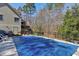 Home backyard features a pool with cover, lush greenery, and mature trees at 3655 Pleasants Ridge Dr, Wake Forest, NC 27587