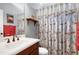 Bathroom featuring a vanity, mirror, toilet, decorative shower curtain, and red towels at 3655 Pleasants Ridge Dr, Wake Forest, NC 27587