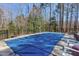 Home backyard features a pool with cover, patio seating, and mature trees at 3655 Pleasants Ridge Dr, Wake Forest, NC 27587