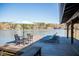 Spacious boat dock with an umbrella, furniture, and panoramic lake views at 48 Blue Heron Ln, Roxboro, NC 27574