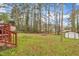Backyard with small shed and some trees at 715 Shay Dr, Durham, NC 27704
