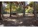 Backyard shed with fenced area and a swing set among mature trees at 10004 Liana Ln, Raleigh, NC 27613