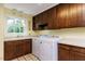 Functional laundry room with wood cabinets, sink, and modern washer and dryer at 3005 Woodgreen Dr, Raleigh, NC 27607
