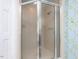 Enclosed shower with glass doors and a silver frame, set against blue bamboo wallpaper at 3005 Woodgreen Dr, Raleigh, NC 27607